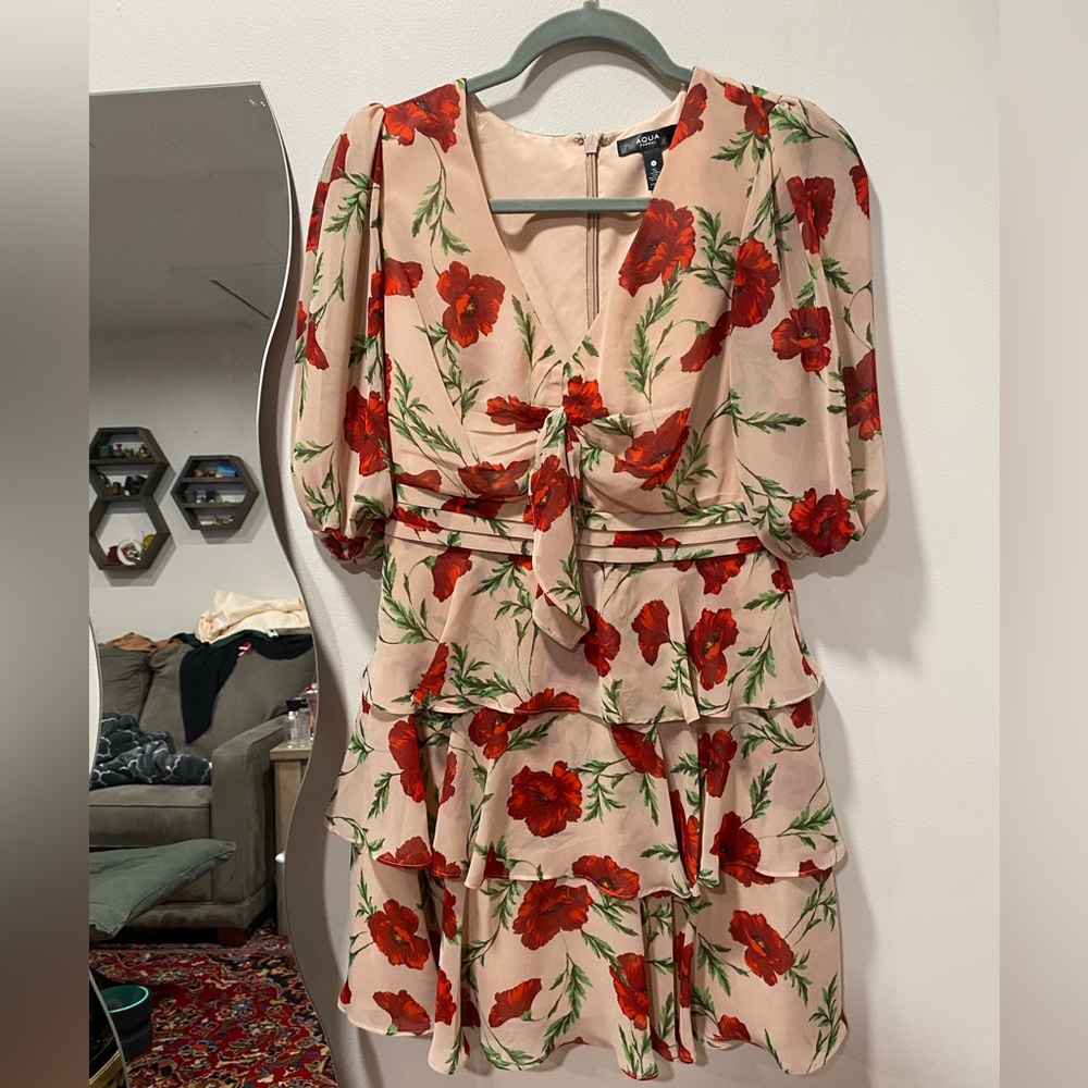 Aqua Floral Mini Dress w bow detail